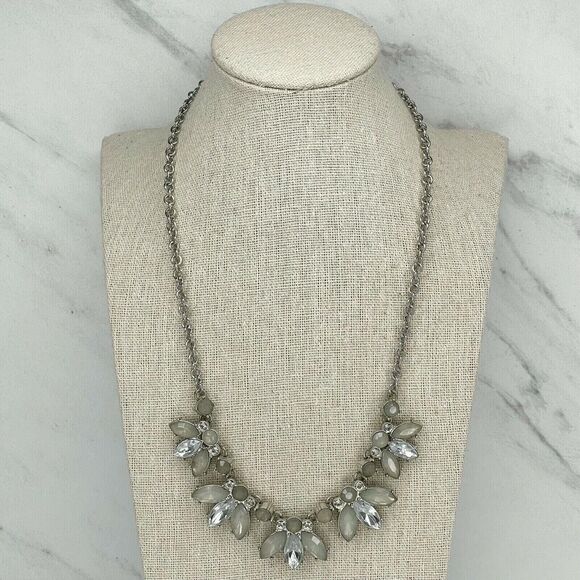 Silver Tone Rhinestone Bib Chain Link Necklace - Picture 1 of 4